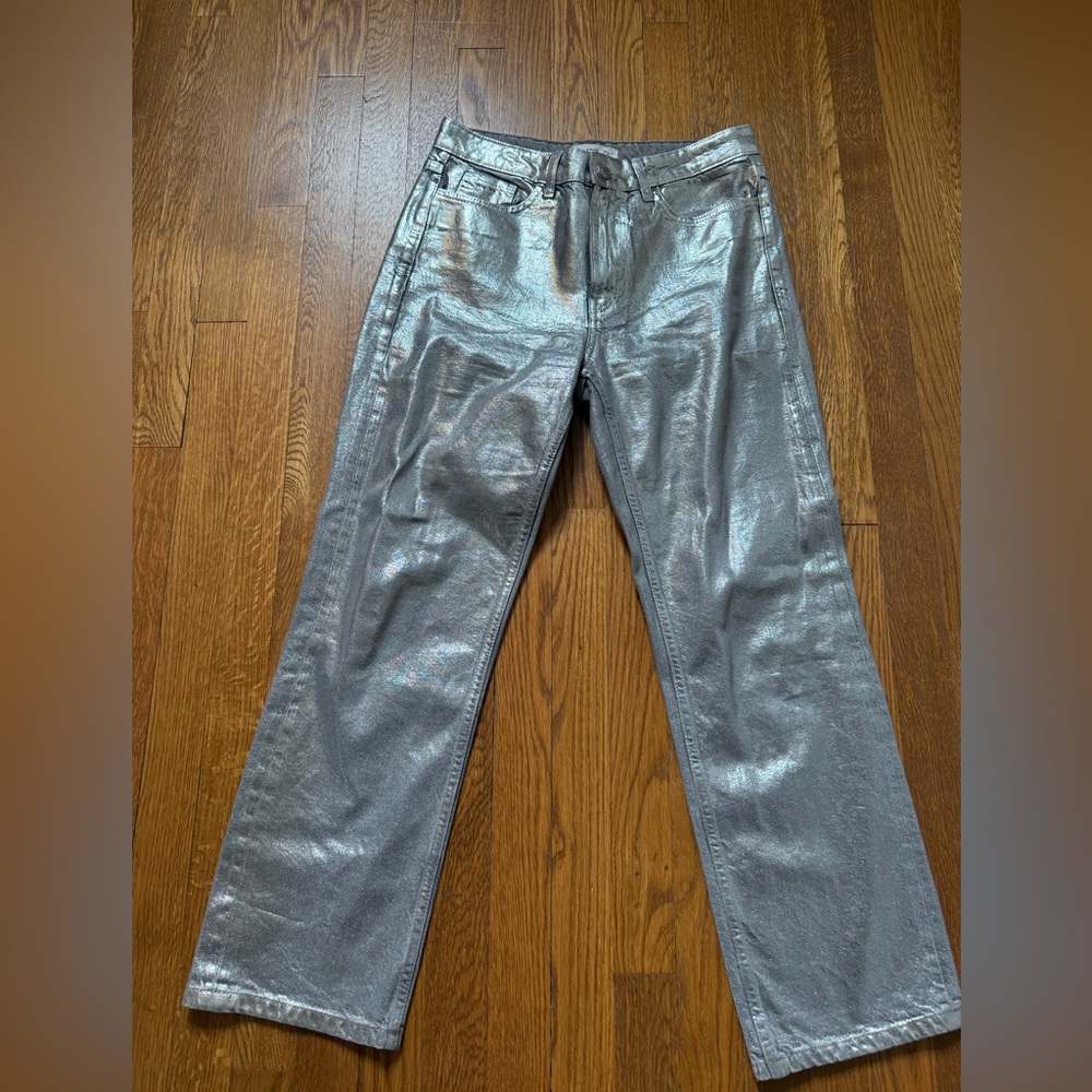 Mango woman’s high rise Shiny Silver Straight Jeans